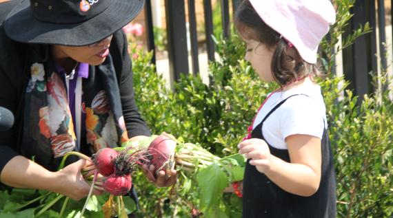 A kid planting some vegetables in the garden with their educator.