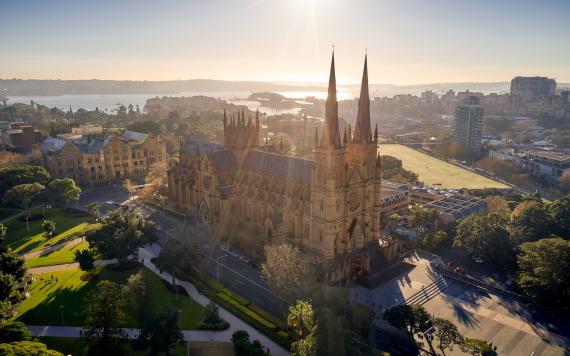 An aerial shot of a Catholic Church.